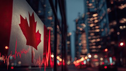 Naklejka premium Canadian Flag Overlayed on Stock Market Graph with Cityscape at Dusk.