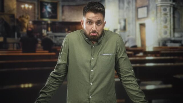 Man with beard shrugs shoulders amid pews and altar inside a church building; uncertainty reflection.