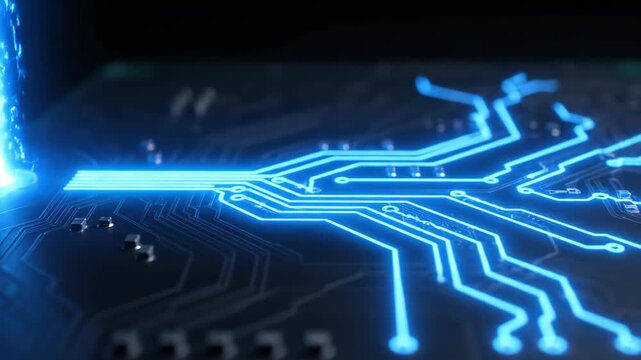A high-tech digital background featuring a blue electronic circuit board integrated with a computer processor and hardware components for advanced engineering and data technology concepts