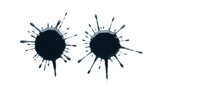 Two distinct dark liquid splatters with trailing droplets on pristine matte white studio surface, close-up with ample copy space, concept of unforeseen business challenges and disruption