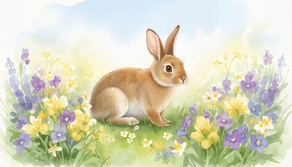 Obraz premium Watercolor rabbit spring animals bunny in flowers 