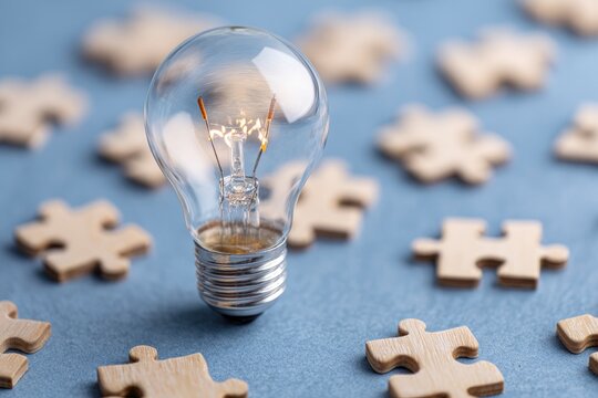 A bright, glowing incandescent light bulb stands prominently amidst numerous scattered wooden jigsaw puzzle pieces, all resting on a soft blue textured surface. This powerful visual metaphor skillfull