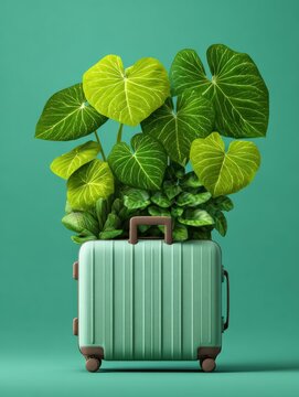 Vibrant Houseplants in Flowerpots with Suitcase and Water Plantains