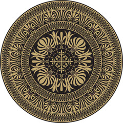 Vector gold with black classic Greek round ornament. Circle of Ancient Greece and the Roman Empire. Byzantine painting of walls, floors and ceilings. Decoration of European palaces.