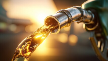 The fuel nozzle pouring gasoline into a fuel tank at sunset, close up of a gas pump, pouring oil from a faucet, faucet with oil