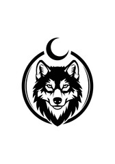 Fototapeta premium Black and white wolf head emblem with crescent moon vector illustration