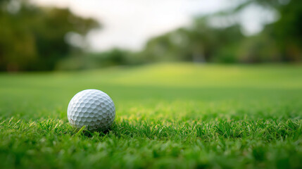 Obraz premium Golf ball resting on lush green grass aimed toward hole, capturing essence of game, focus on ball's path and placement, vibrant grass surface, defocused course background, with cop