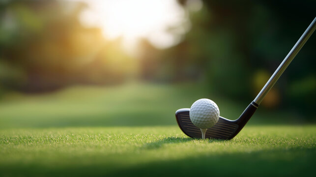 Close-up of golf club hitting golf ball at moment of impact, swing contact point, power strike capture, ball compression moment, dynamic action shot, defocused background, with cop