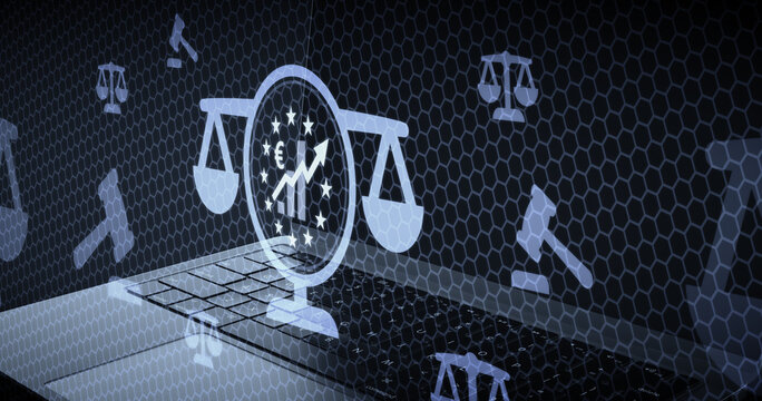 Derecho financiero europeo y leyes de economia internacional con balanza de justicia simbolos de euro y graficos de crecimiento de mercado financiero