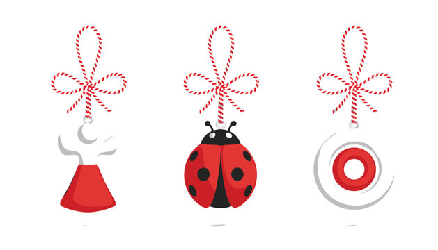 Traditional Martisor spring talisman vector set with red and white string and ladybug charm