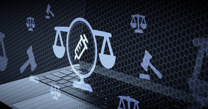 Derecho sanitario y leyes de vacunacion obligatoria justicia en la salud publica con jeringa y balanza de regulacion medica y farmaceutica