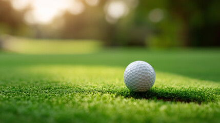 Obraz premium Closeup of golf ball on lush green grass of golf course, ready for perfect putt, pristine ball placement, putting green surface, defocused course background, with copy space