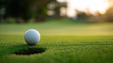 Obraz premium Closeup of golf ball on lush green grass of golf course, ready for perfect putt, pristine ball placement, putting green surface, defocused course background, with copy space