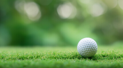 Fototapeta premium Golf ball on green background banner, simple sphere display, clean backdrop presentation, minimalist golf imagery, sport equipment focus, defocused green setting, with copy space
