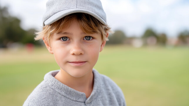 Happy Caucasian boy at golfing training lesson looking at camera on golf course, youth golf instruction, junior player learning, young athlete training, defocused background, with