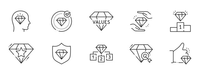 Fototapeta premium Clean outline icon set illustrating values, ethics, integrity, trust, quality, excellence, leadership, teamwork, recognition, reward, achievement, success, performance, culture, innovation