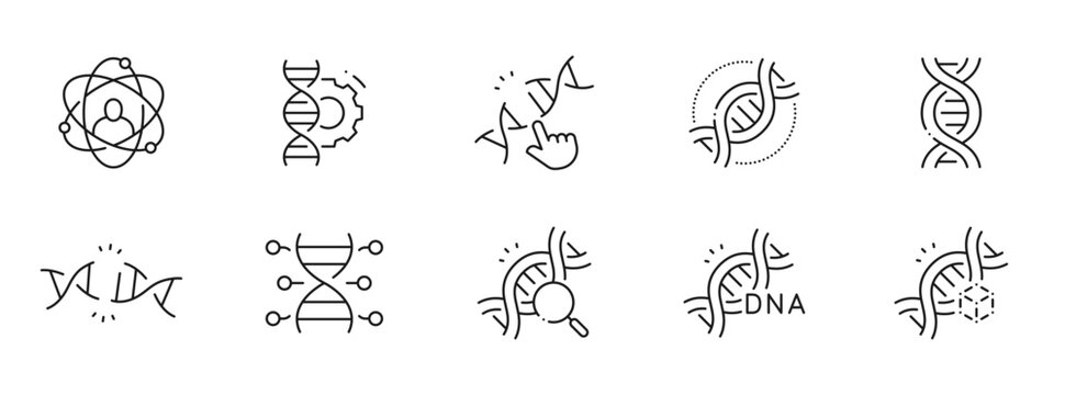 Clean outline vector icon set for genetics: DNA, genome, chromosomes, sequencing, CRISPR, research, laboratory analysis, biotech, editable stroke, biology, medicine