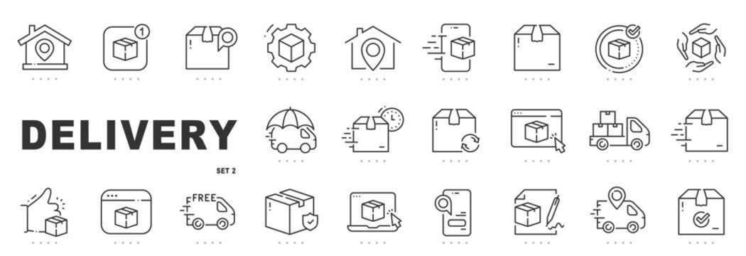 Outline delivery icon set for shipping logistics, ecommerce fulfillment, parcel tracking, courier services, secure transport, editable stroke, minimal modern line style.