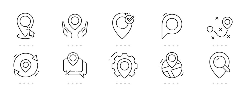 Location line icons featuring map pins, markers, navigation, GPS tracking, routes, destinations, globe, smartphone app elements; clean outline, editable stroke