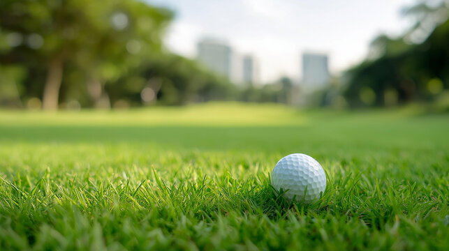 Golf ball in middle of golf course, sports theme background, center field placement, course centerpiece display, recreational landscape scene, defocused background, with copy space