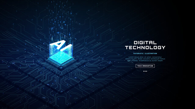 Artificial intelligence chip hologram on motherboard. Isometric 3D CPU with luminous data lines, high tech semiconductor design, modern digital technology background.