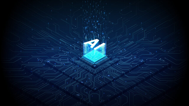 Futuristic artificial intelligence chip on circuit board with glowing neon lines. Isometric 3D AI processor concept, semiconductor technology background, digital data flow vector illustration.
