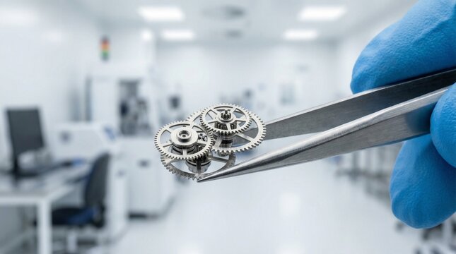 Gloved hand holding interlocking watch gears with tweezers in a bright scientific lab, micro mechanics concept, precision technology, engineering.