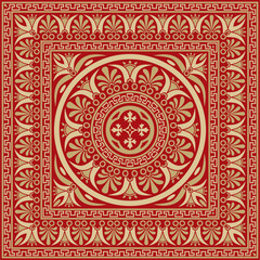 Vector gold with red classic Greek square ornament. Rectangle of Ancient Greece and Roman Empire. Byzantine painting of walls, floors and ceilings. Decoration of European palaces.