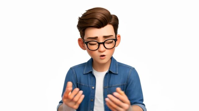 Animated young man cartoon character with condescending smirk wearing glasses and a denim shirt speaking isolated on a white background