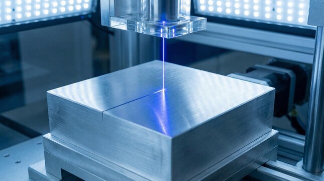 High precision blue laser beam cutting a thick metal block in an industrial factory, laser technology concept, manufacturing process, engineering.