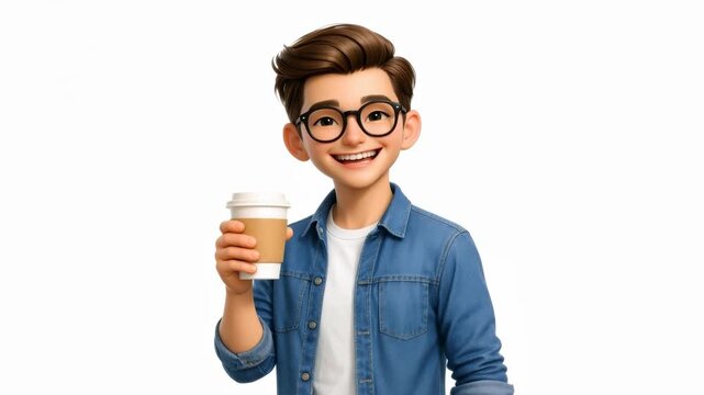 Happy animated young student cartoon character holding a paper coffee cup isolated on a white background