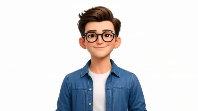 Confident young animated man cartoon character with glasses wearing a denim jacket smiling and talking on white background