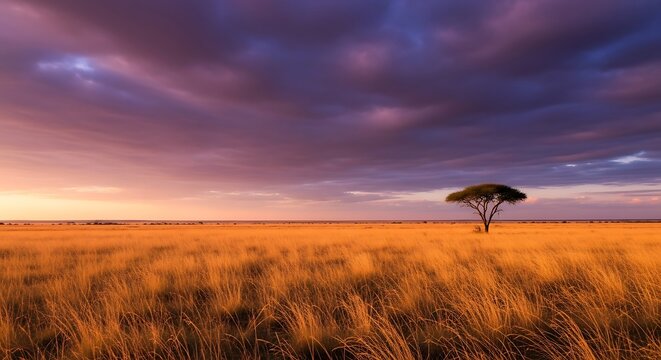 Serene Landscape with Lone Tree at Sunset.