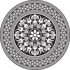 Vector black monochrome classic Greek round ornament. Circle of Ancient Greece and the Roman Empire. Byzantine painting of walls, floors and ceilings. Decoration of European palaces.