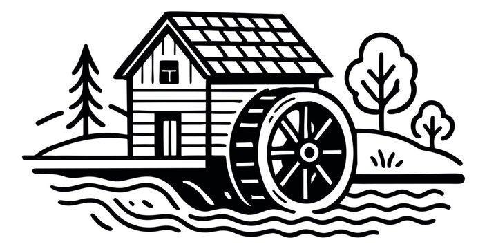 Hand drawn line art illustration of a water mill depicting a rustic building with a waterwheel by a river for historical and rural themes