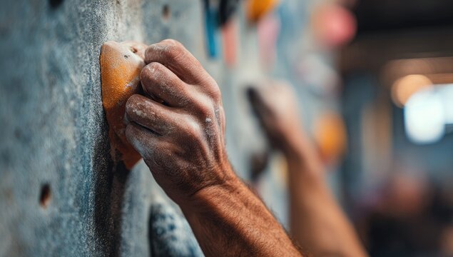 Close-up of a climbers hand gripping a hold on an indoor climbing wall.