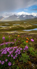 Fototapeta premium Serene Mountain Landscape with Wildflowers and Lakes.