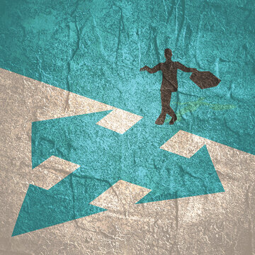 Top view of businessman with briefcase and arrow cross icon. Way choosing metaphor. Step out of comfort zone or safe zone. Personal growth and development.