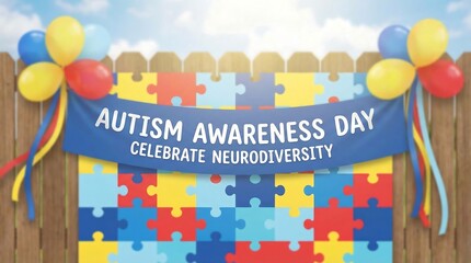 Fototapeta premium Autism awareness day celebration with colorful balloons and puzzle pieces