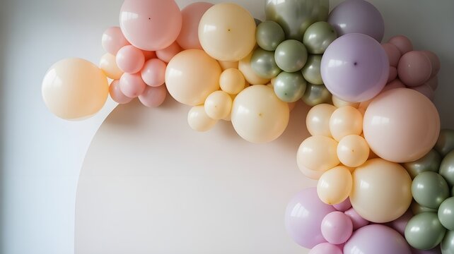 A colorful pastel balloon arch on a white wall background