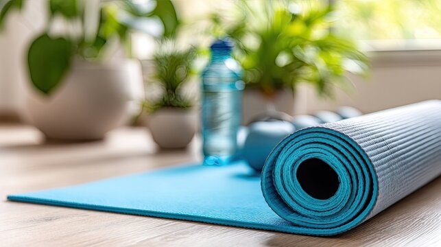 Blurry living room shows a yoga mat and a water bottle placed on a table. Soft colors create a welcoming atmosphere in the setting