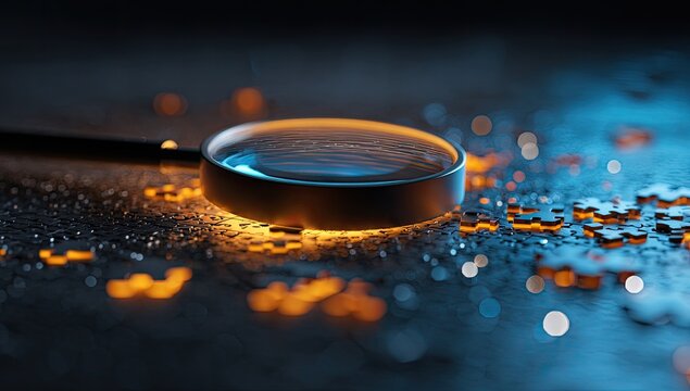 Macro shot of a magnifying glass lens with glowing orange particles.