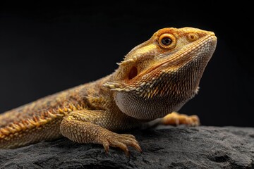 Obraz premium A striking close-up studio portrait captures the intricate beauty of an exotic reptile, showcasing its distinctive textured skin and vibrant golden and orange scales. The creature is positioned though