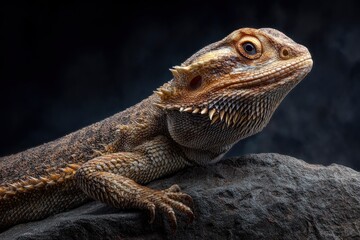 Obraz premium A captivating close-up portrait of a fascinating reptile, showcasing its intricate scaly skin and distinctive features. The lizard, with its detailed textured head and spiky appearance, rests calmly o