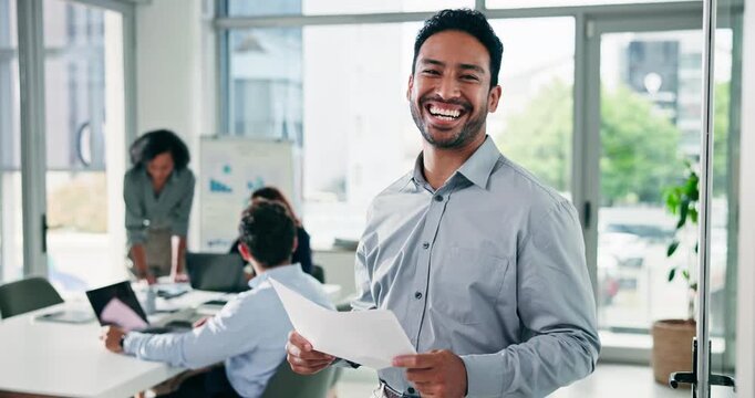 Documents, face and smile of business man in boardroom for start of financial meeting or review. Collaboration, paperwork and wealth management with happy accountant in workplace for planning