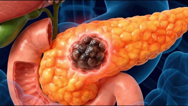 3d rendering of human pancreas with malignant tumor, suitable for medical education, health awareness, scientific research, disease illustration, and anatomy study.