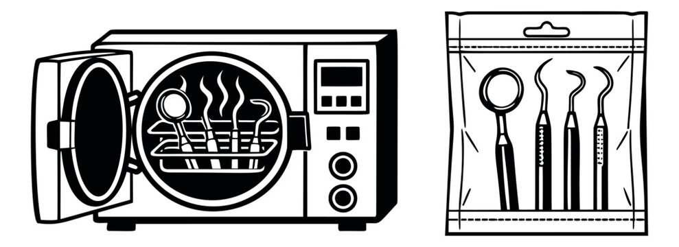 Hand drawn line art dental set featuring an autoclave with sterilizing instruments and a package of new tools for professional dental care