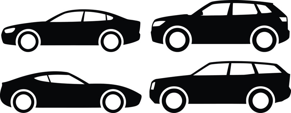 Four distinct types of modern silhouette vehicles depicted in black and white graphics