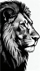A flat vector black and white illustration of a lion's profile in close-up, using large contrasting dots on a white background. © Dzianis