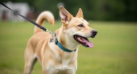 Fototapeta premium Tan dog with erect ears stands on a leash outdoors on a green field.